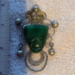 Mexican Jade Mayan brooch/pin. Carved face. Vintage. Sterling silver. Necklace?